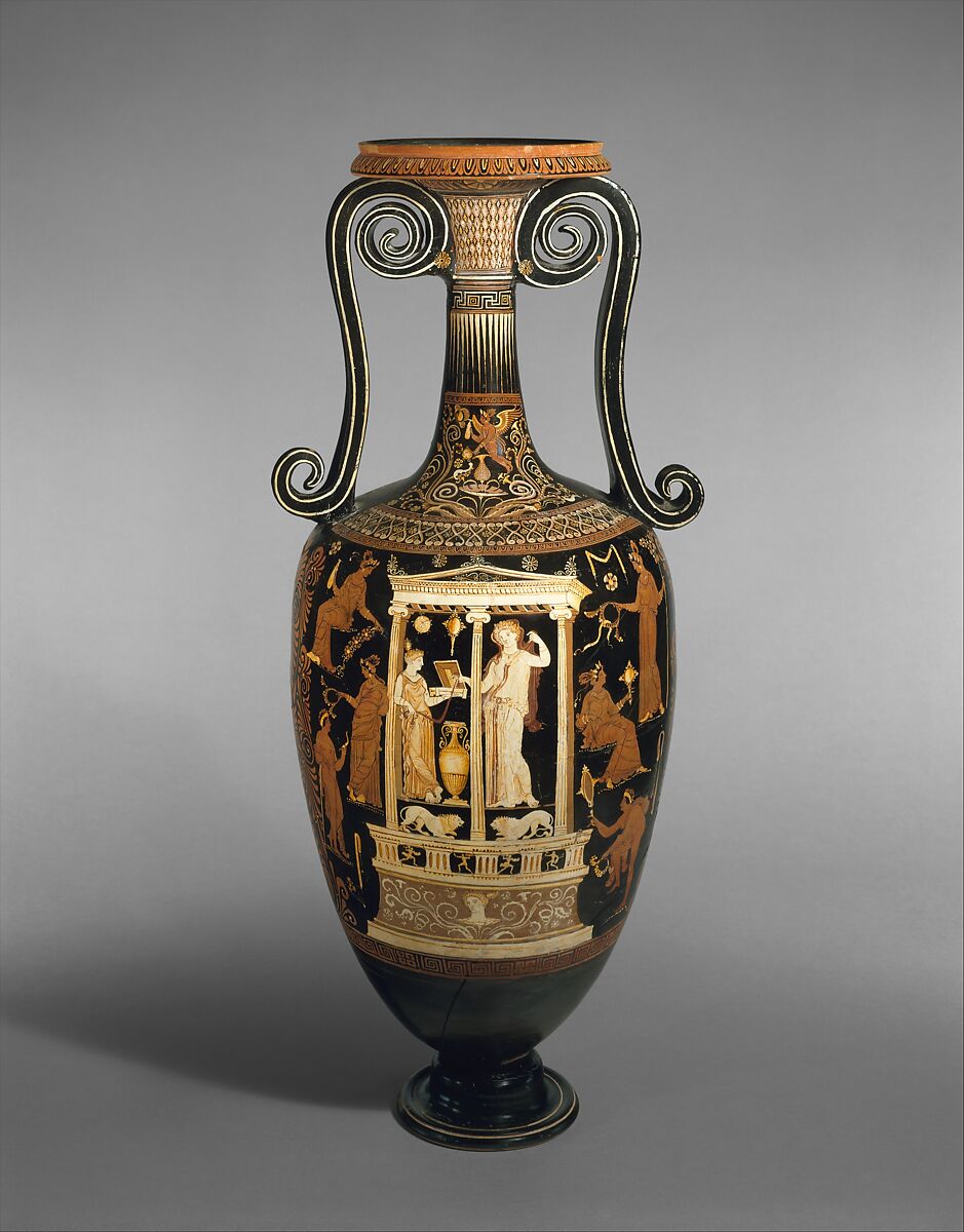 Terracotta loutrophoros (ceremonial vase for water), Attributed to the Metope Painter, Terracotta, Greek, South Italian, Apulian 