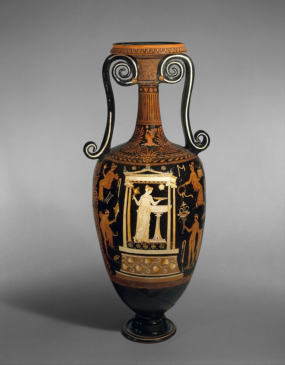 Terracotta loutrophoros (ceremonial vase for water), Attributed to the Metope Painter, Terracotta, Greek, South Italian, Apulian