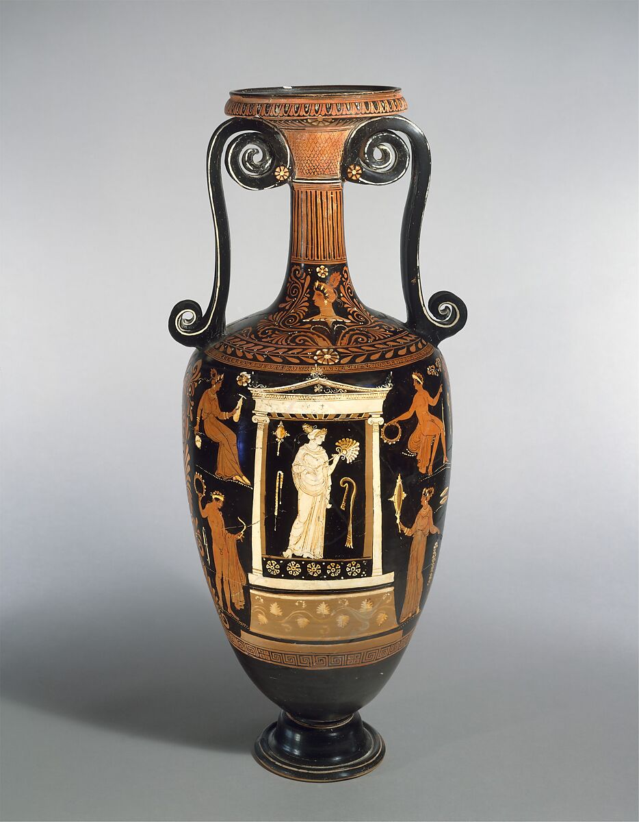 Terracotta loutrophoros (ceremonial vase for water), Attributed to the Metope Painter, Terracotta, Greek, South Italian, Apulian