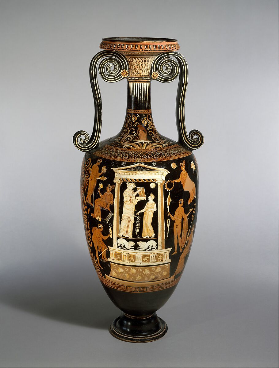 Terracotta loutrophoros (ceremonial vase for water), Attributed to the Metope Painter, Terracotta, Greek, South Italian, Apulian 