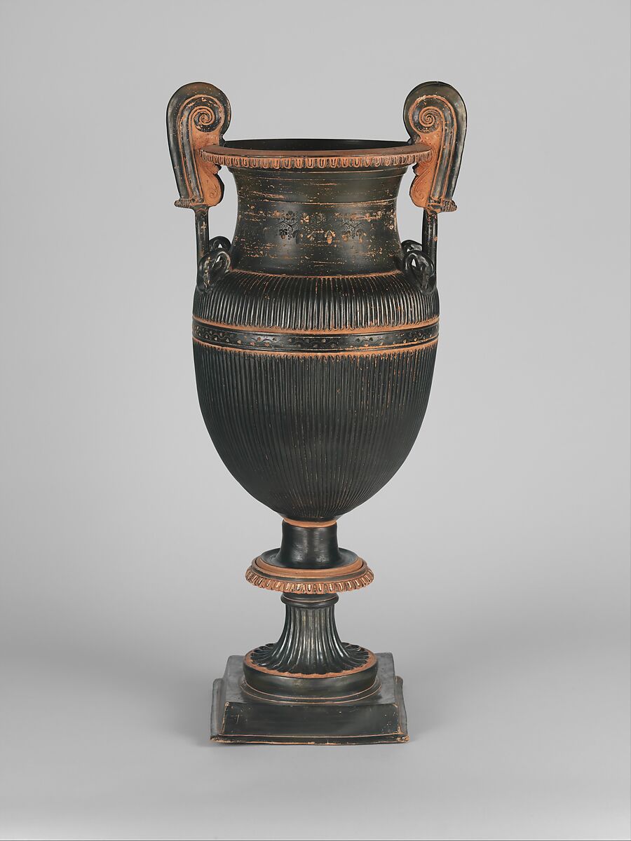 Pair of terracotta volute-kraters (vases for mixing wine and water) with stands, Terracotta, Greek, South Italian, Apulian