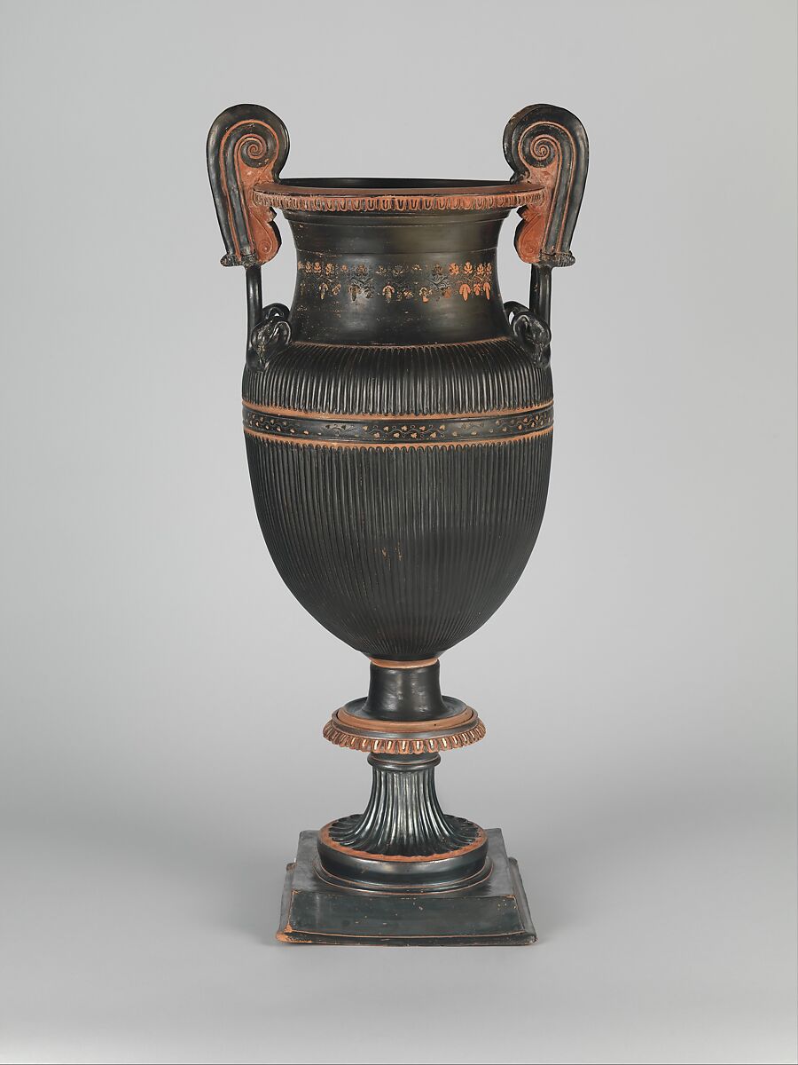 Pair of terracotta volute-kraters (vases for mixing wine and water) with stands, Terracotta, Greek, South Italian, Apulian 