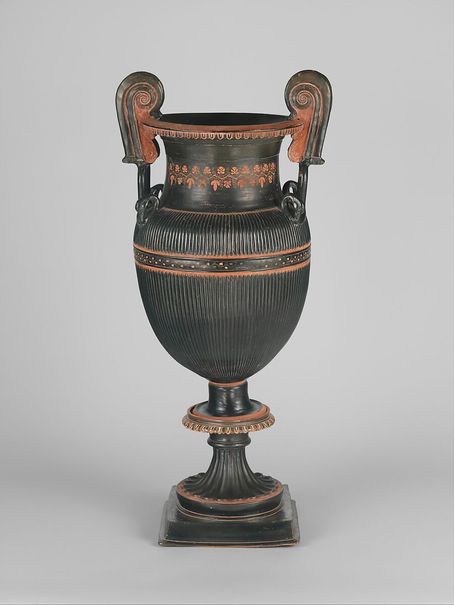 Pair of terracotta volute-kraters (vases for mixing wine and water) with stands, Terracotta, Greek, South Italian, Apulian 
