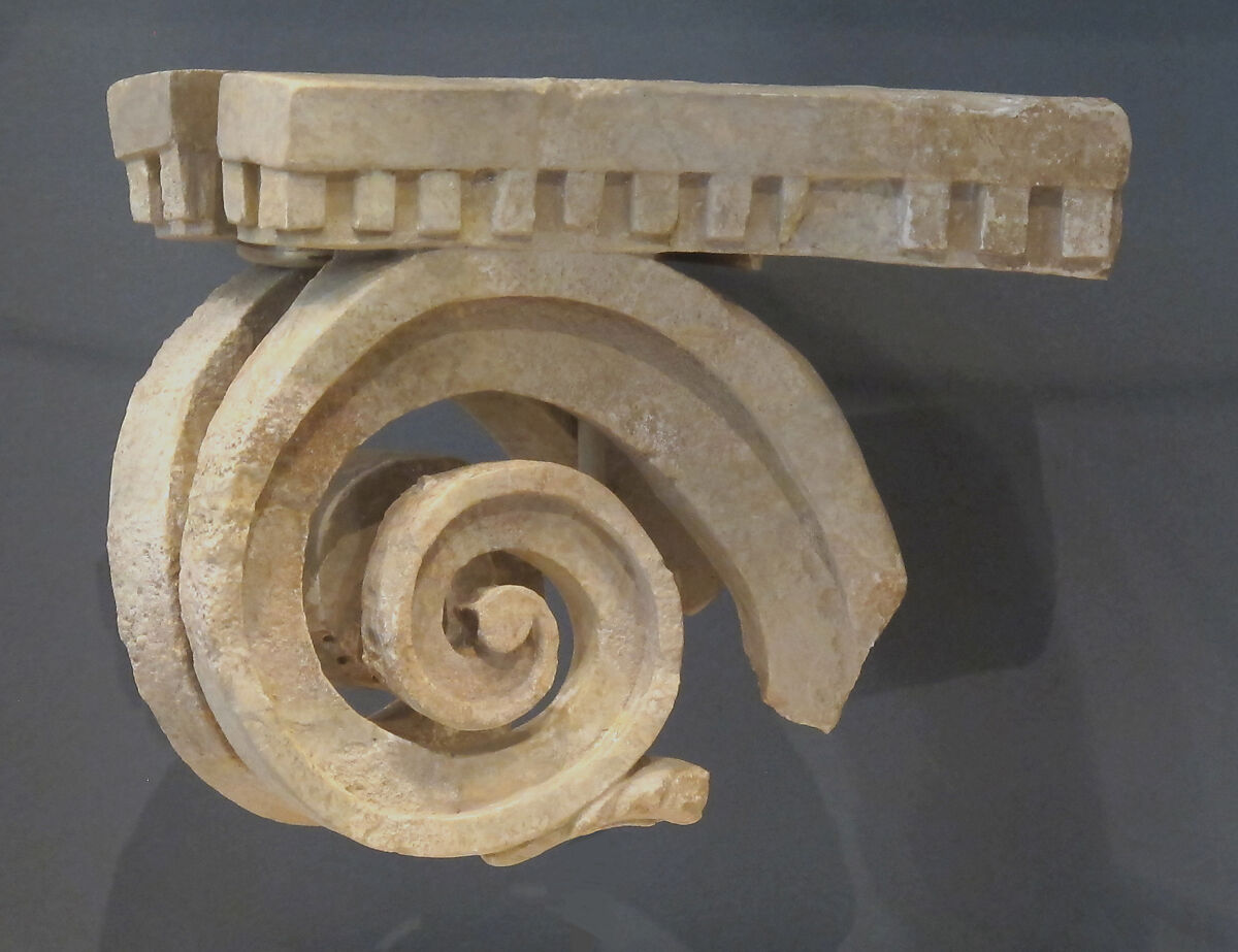 Capital fragment from a funerary shrine (naiskos), Limestone, Greek, South Italian, Tarentine 