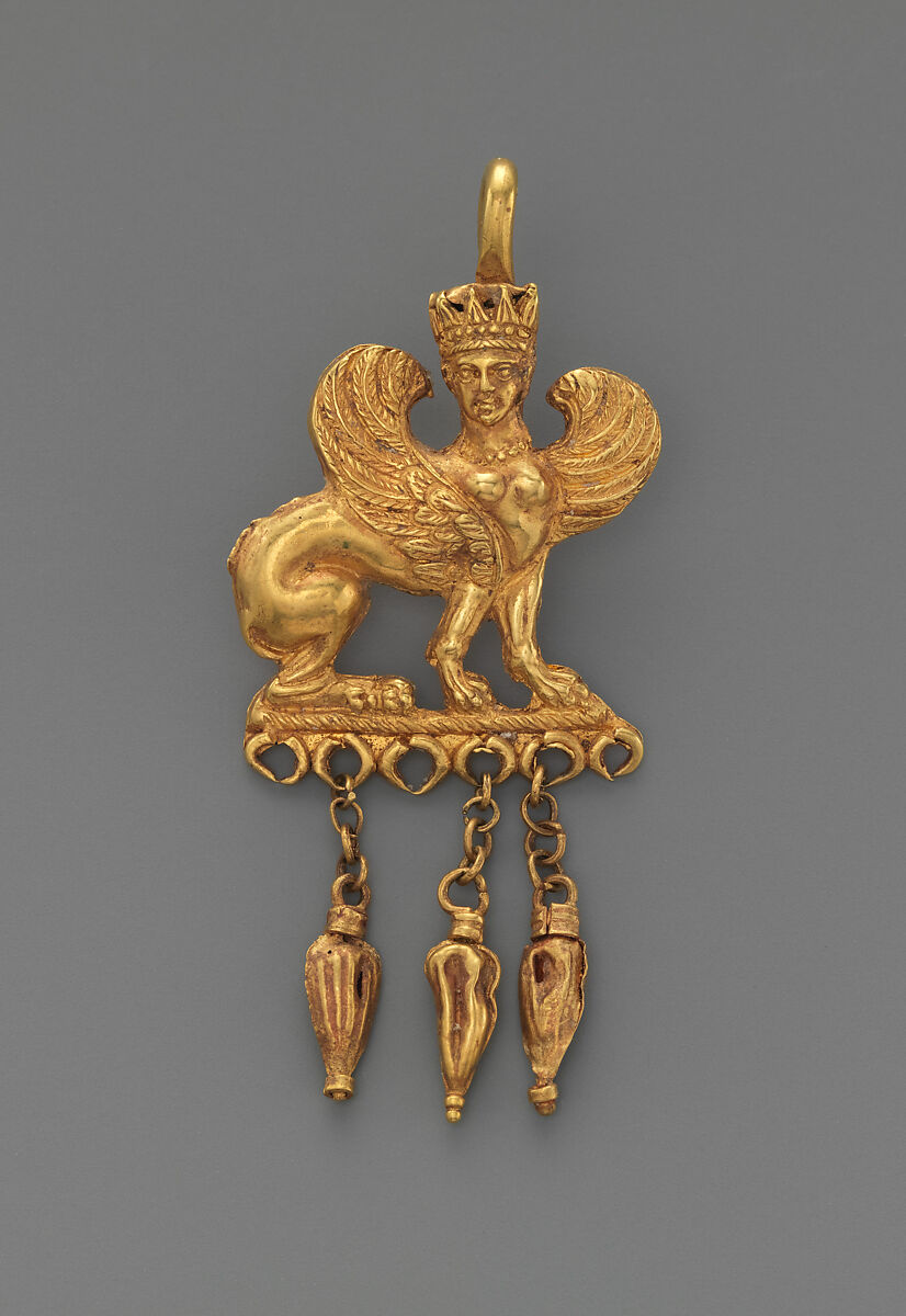 Gold earring with a sphinx, Gold, Greek 
