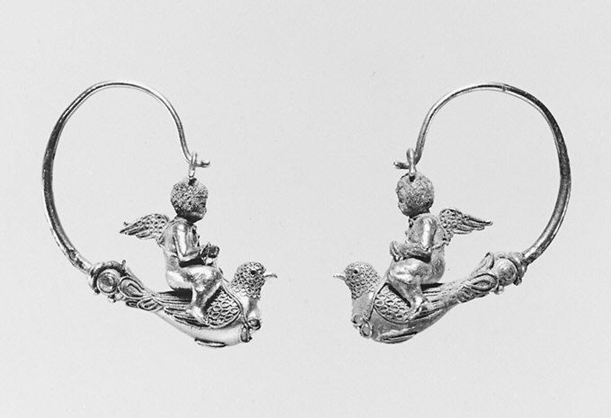 Pair of gold hoop earrings with Erotes riding doves, Gold, Greek 
