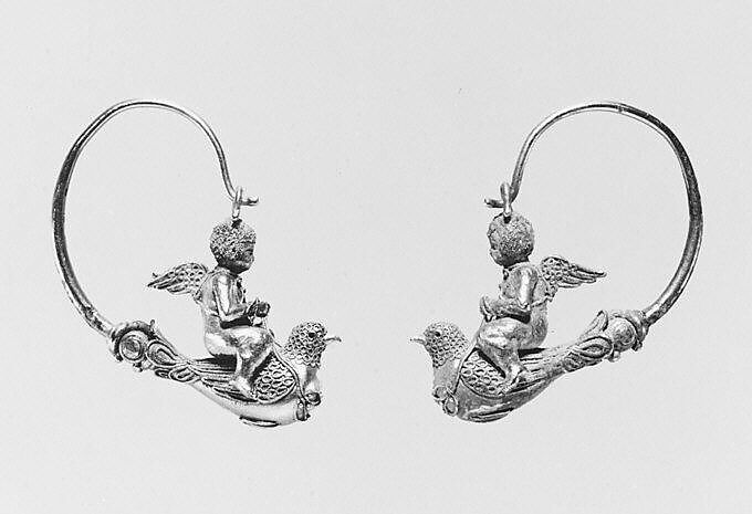 Pair of gold hoop earrings with Erotes riding doves, Gold, Greek 