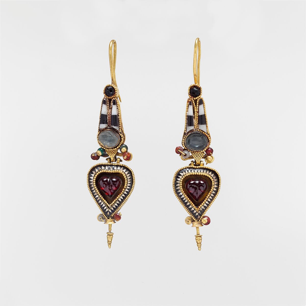 Pair of gold earrings with an Egyptian Atef crown set with stones and glass, Gold with stone and glass, Greek 