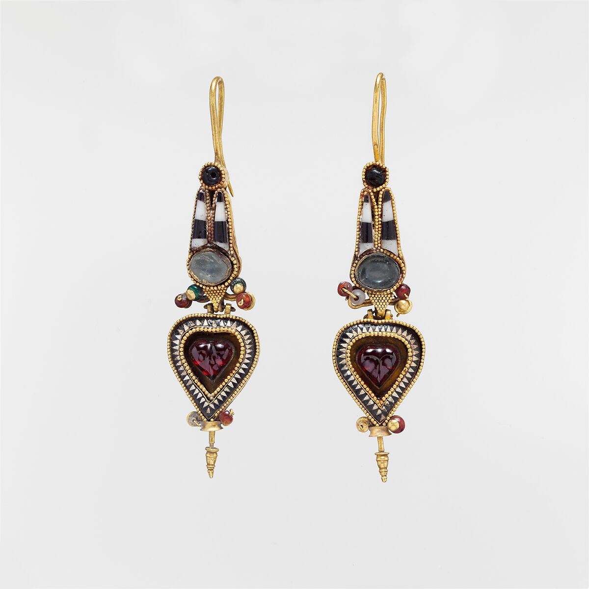 Pair of gold earrings with an Egyptian Atef crown set with stones and glass, Gold with stone and glass, Greek