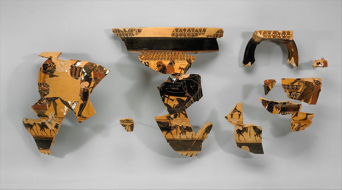 Two fragments of a terracotta column-krater, Attributed to Lydos, Terracotta, Greek, Attic 