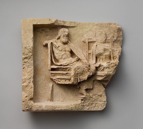 Fragment of a limestone relief with enthroned couple, Limestone, Greek, South Italian, Tarentine