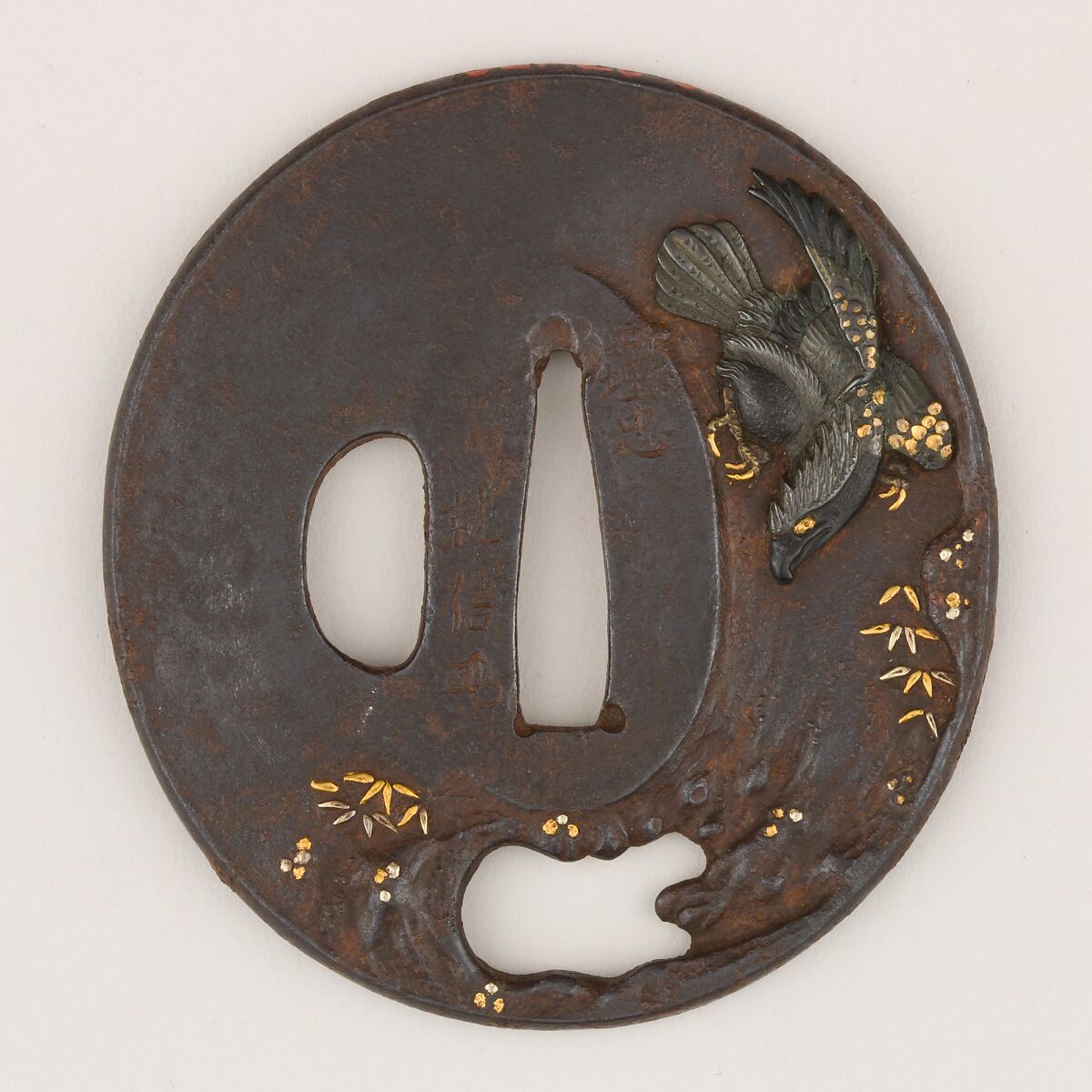 Sword Guard (Tsuba), Iron, copper-gold alloy (shakudō), copper-silver alloy (shibuichi), gold, bronze, copper, Japanese 