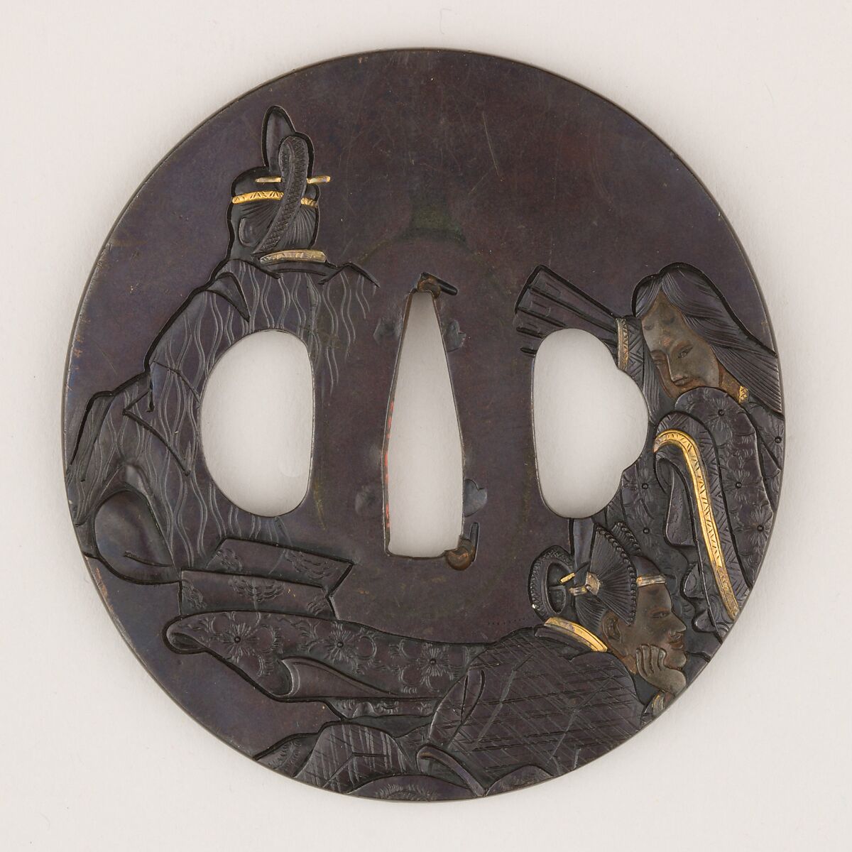 Sword Guard (Tsuba), Copper-gold alloy (shakudō), copper, gold, copper-silver alloy (shibuichi), Japanese 