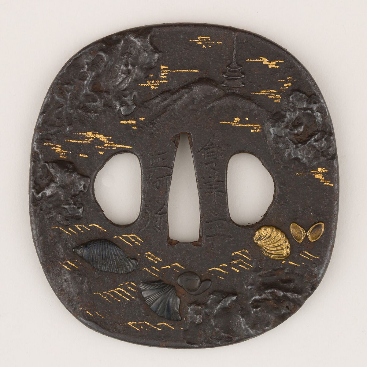 Sword Guard (Tsuba), Iron, copper-gold alloy (shakudō), copper-silver alloy (shibuichi), gold, copper, Japanese 