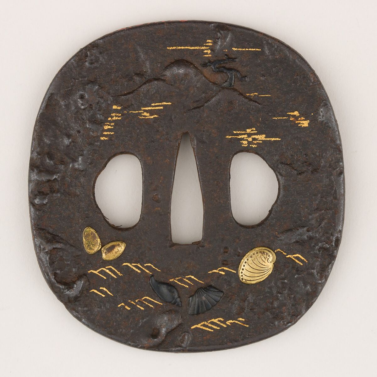 Sword Guard (Tsuba), Iron, copper-gold alloy (shakudō), copper-silver alloy (shibuichi), gold, copper, Japanese