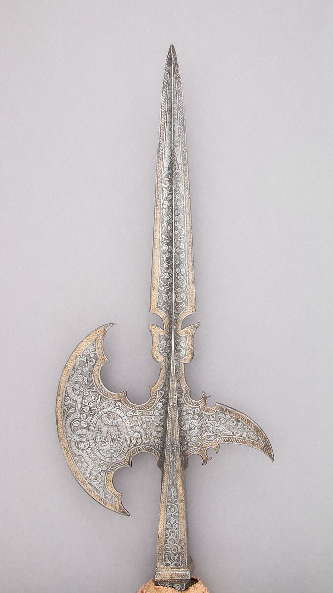 Halberd of Wilhelm V, Duke of Bavaria (reigned 1579–97), Steel, wood, gold, textile, German 