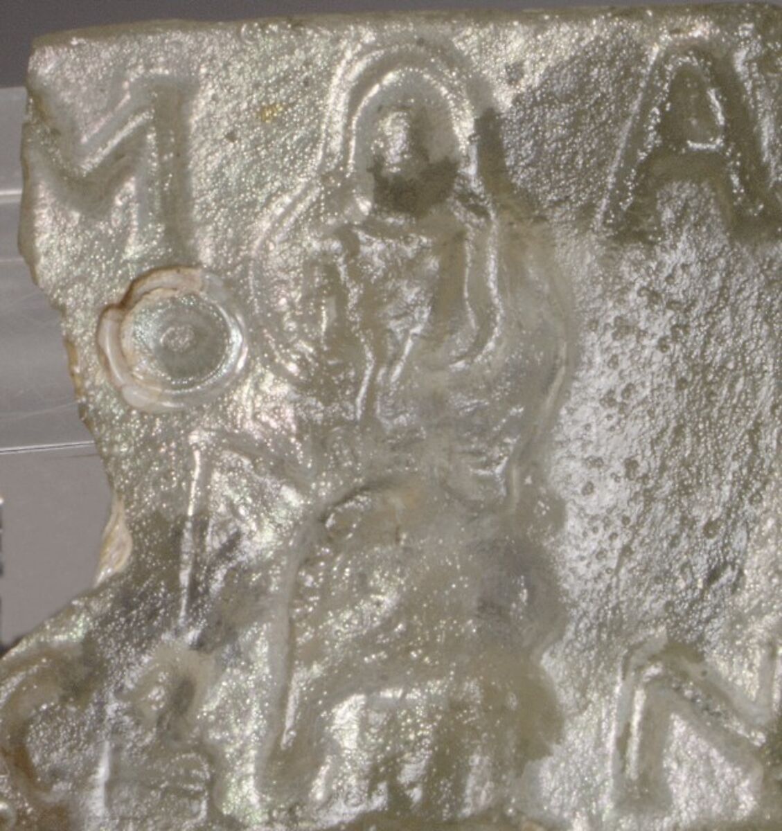 Glass ‘Mercury’ bottle fragment, Glass, Roman 