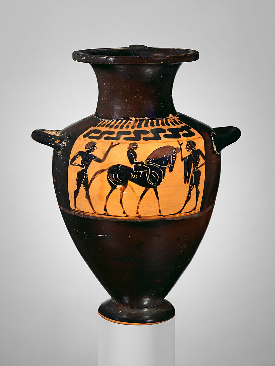 Terracotta hydria (water jar), Attributed to the Workshop of Würzburg 458, Terracotta, Greek, Euboean 