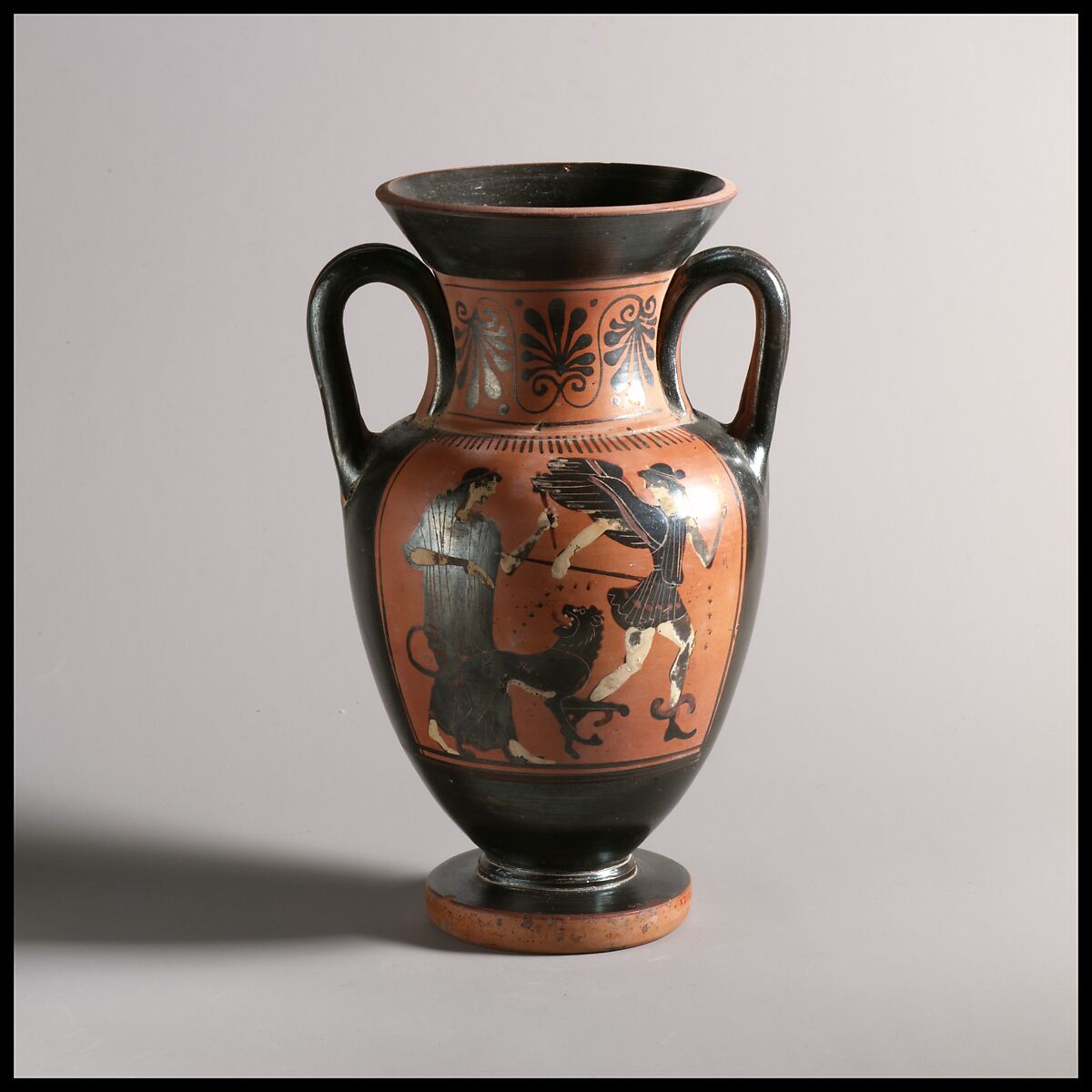 Terracotta neck-amphora (jar), Attributed to the Diosphos Painter, Terracotta, Greek, Attic