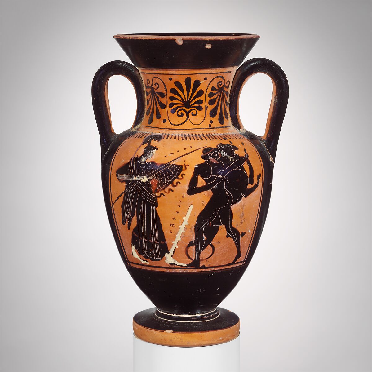 Terracotta neck-amphora (jar), Attributed to the Diosphos Painter, Terracotta, Greek, Attic