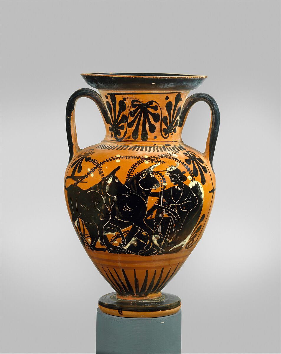Terracotta neck-amphora (jar), Attributed to the Red-Line Painter, Terracotta, Greek, Attic 