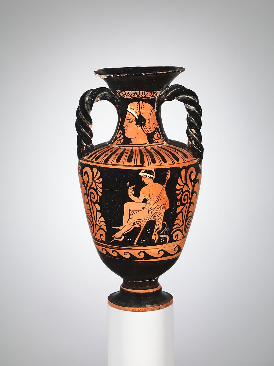 Terracotta neck-amphora with twisted handles (jar), Attributed to the Pilos Head Group, Terracotta, Greek, South Italian, Campanian 