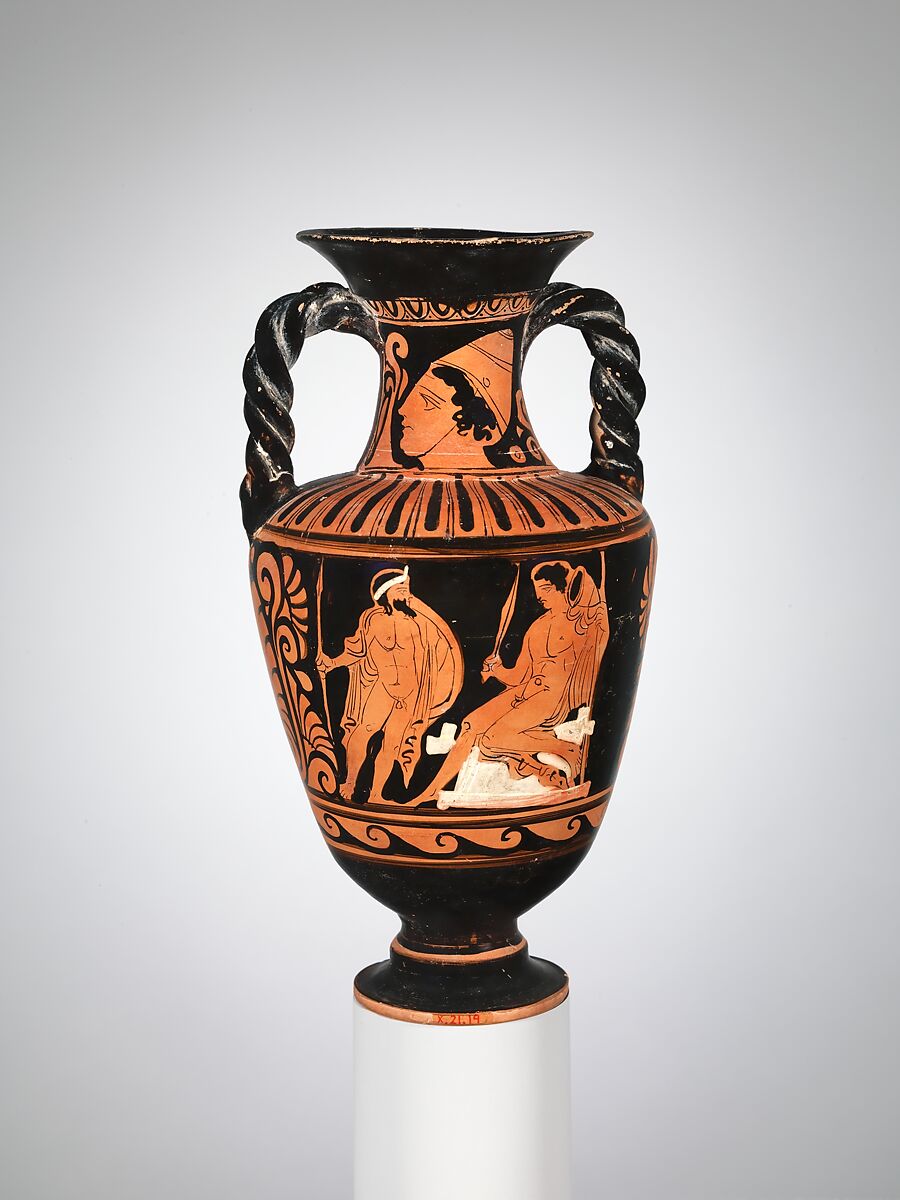 Terracotta neck-amphora with twisted handles (jar), Attributed to the Pilos Head Group, Terracotta, Greek, South Italian, Campanian