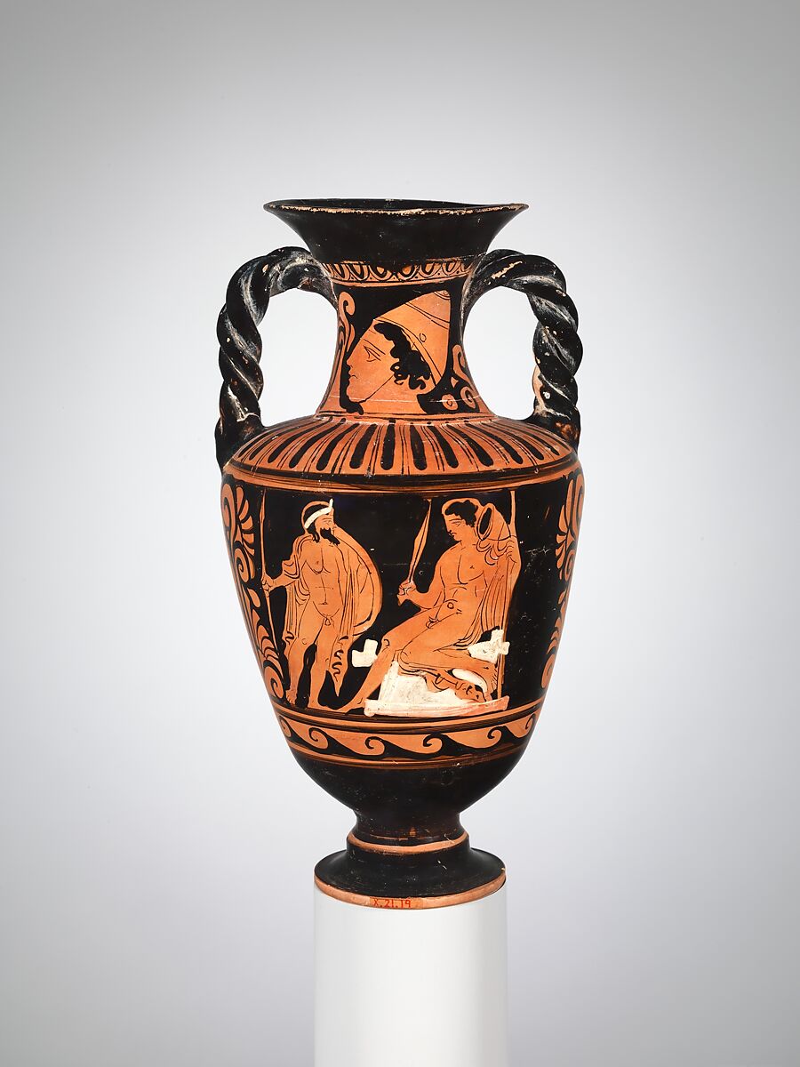 Terracotta neck-amphora with twisted handles (jar), Attributed to the Pilos Head Group, Terracotta, Greek, South Italian, Campanian
