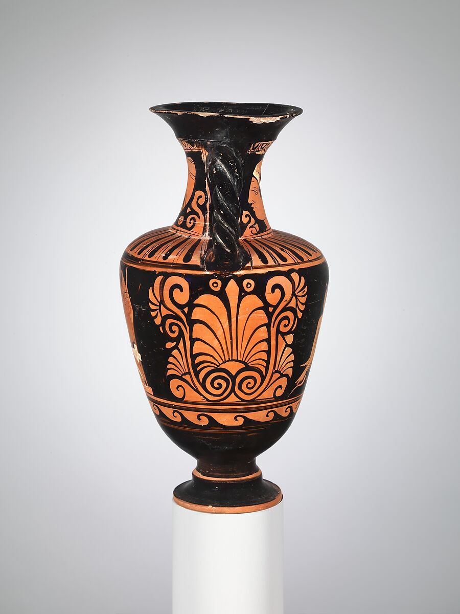 Terracotta neck-amphora with twisted handles (jar), Attributed to the Pilos Head Group, Terracotta, Greek, South Italian, Campanian
