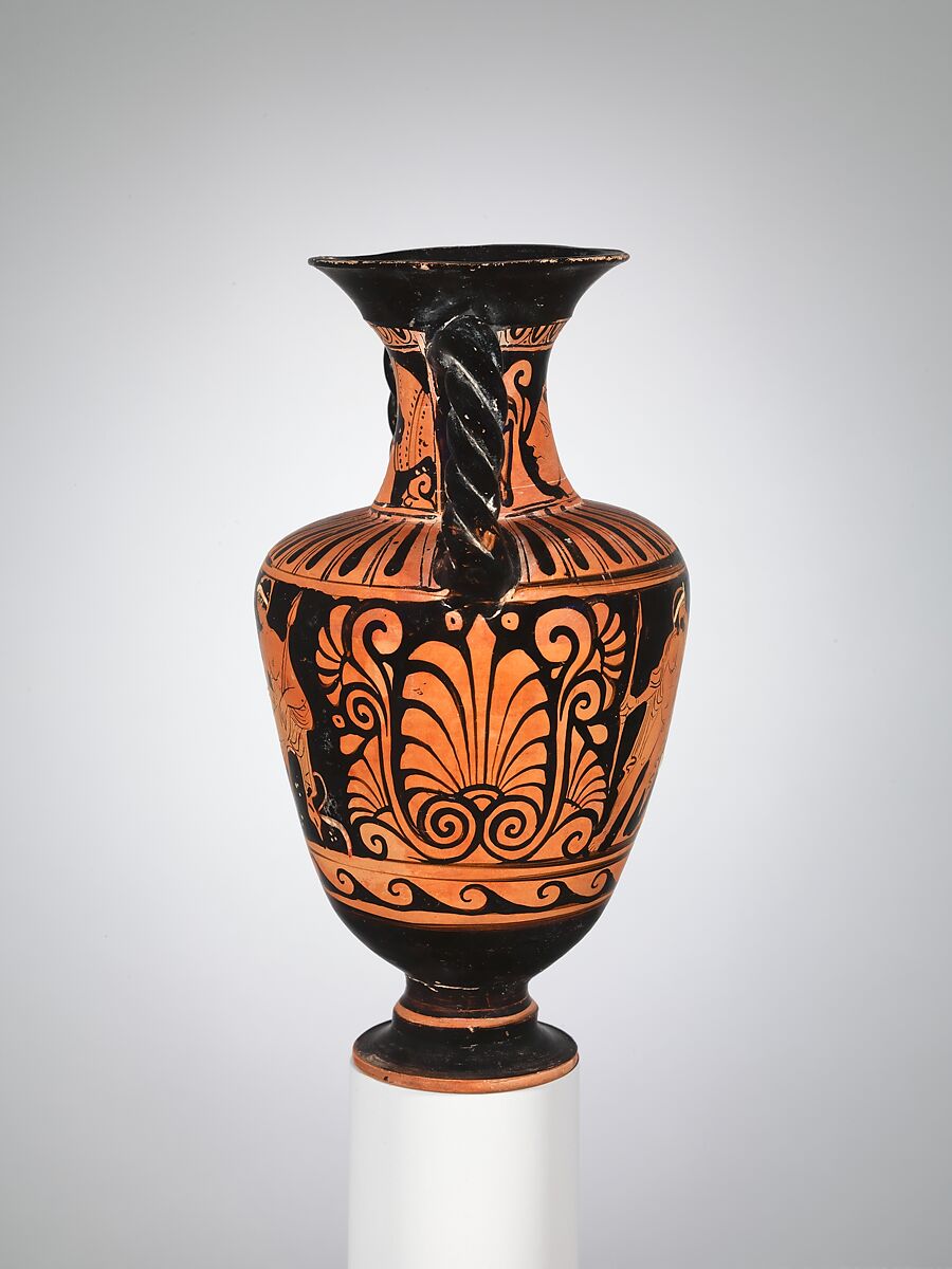 Terracotta neck-amphora with twisted handles (jar), Attributed to the Pilos Head Group, Terracotta, Greek, South Italian, Campanian