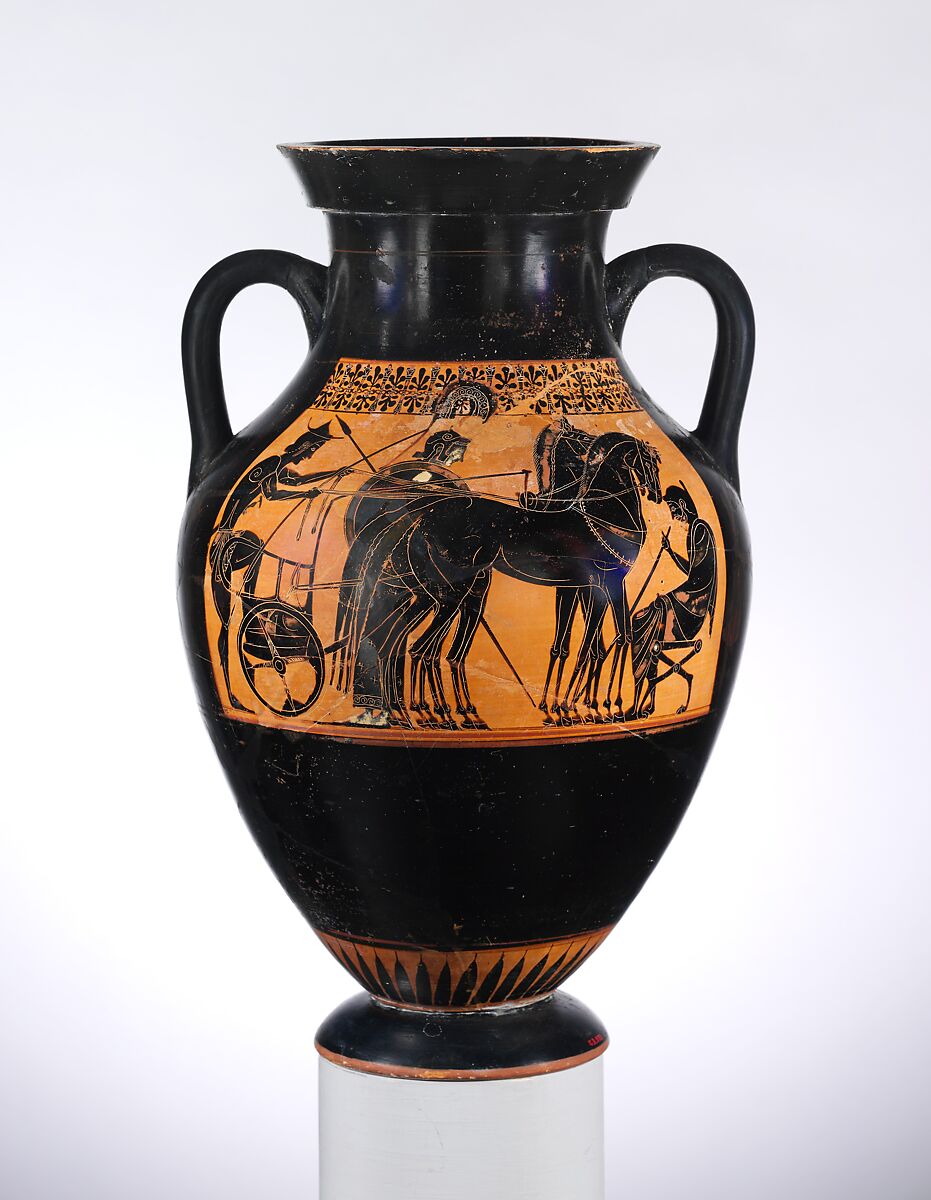Terracotta amphora (jar), Attributed to the manner of the Lysippides Painter, Terracotta, Greek, Attic 