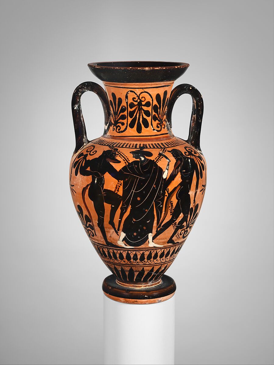 Neck-amphora, Attributed to the manner of the Red-Line Painter, Terracotta, Greek, Attic 