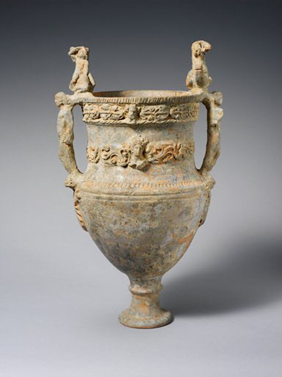 Terracotta volute-krater (bowl for mixing wine and water), Attributed to the Bolsena Group, Terracotta, Etruscan 