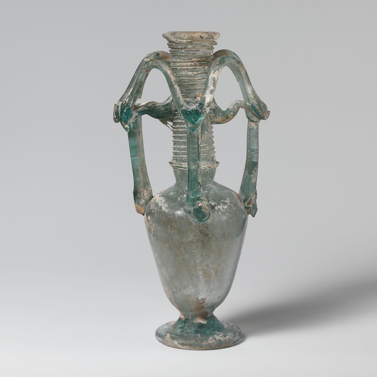 Glass flask with elaborate looped handles, Glass, Roman, Syrian 