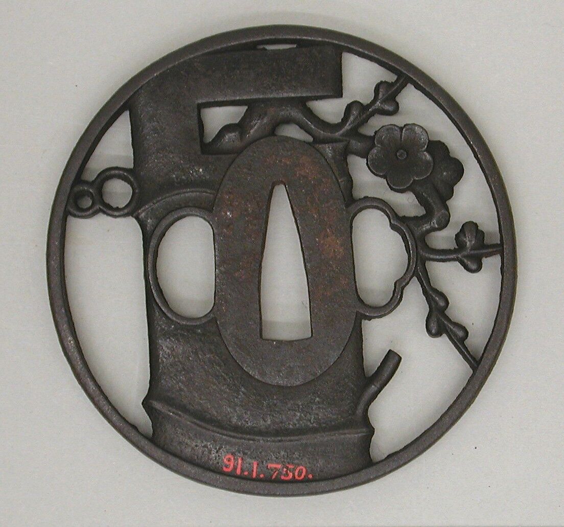 Sword Guard (<i>Tsuba</i>) Depicting Bamboo Vase for <i>Ikebana</i> and Plum Branch, Iron, Japanese