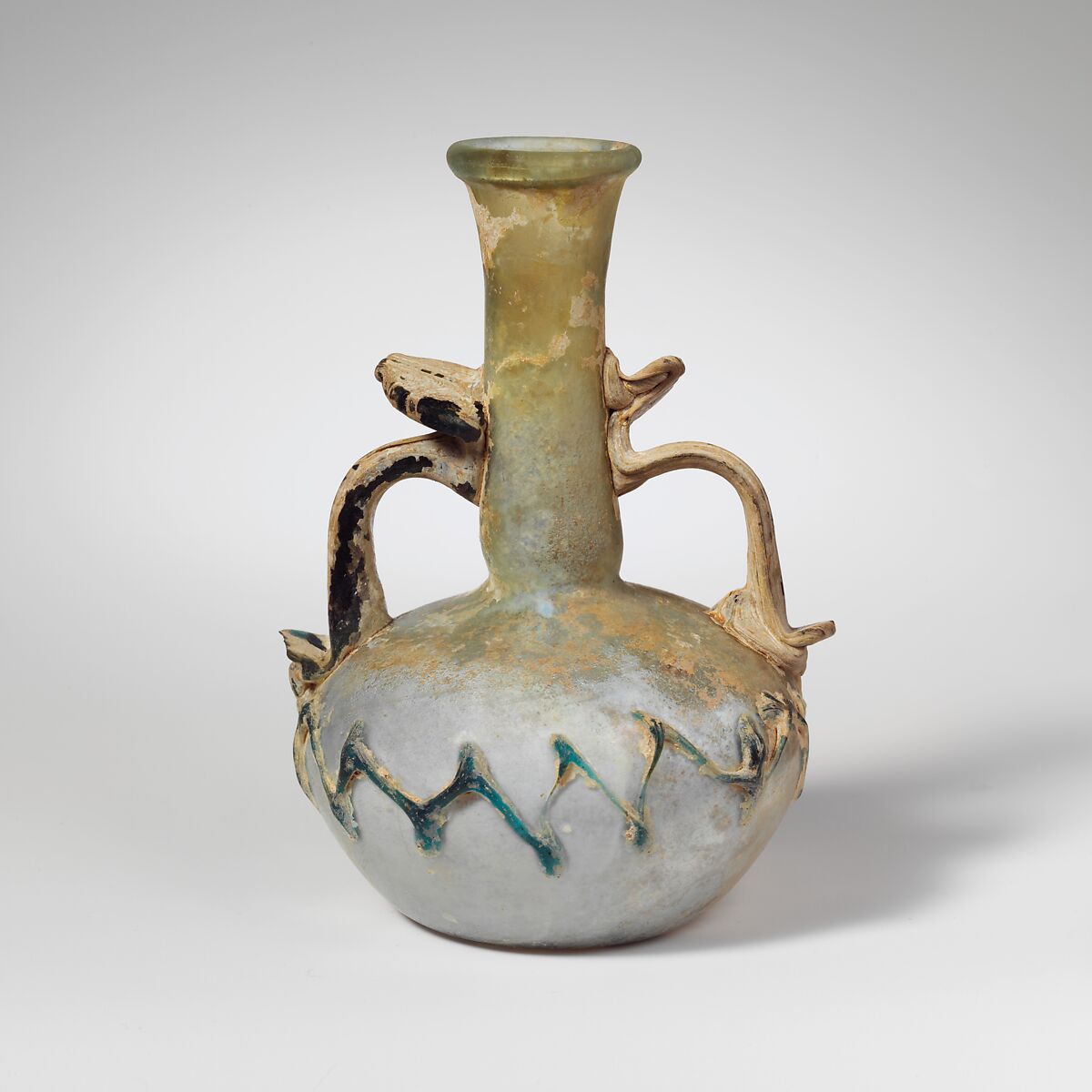 Glass two-handled bottle, Glass, Roman 