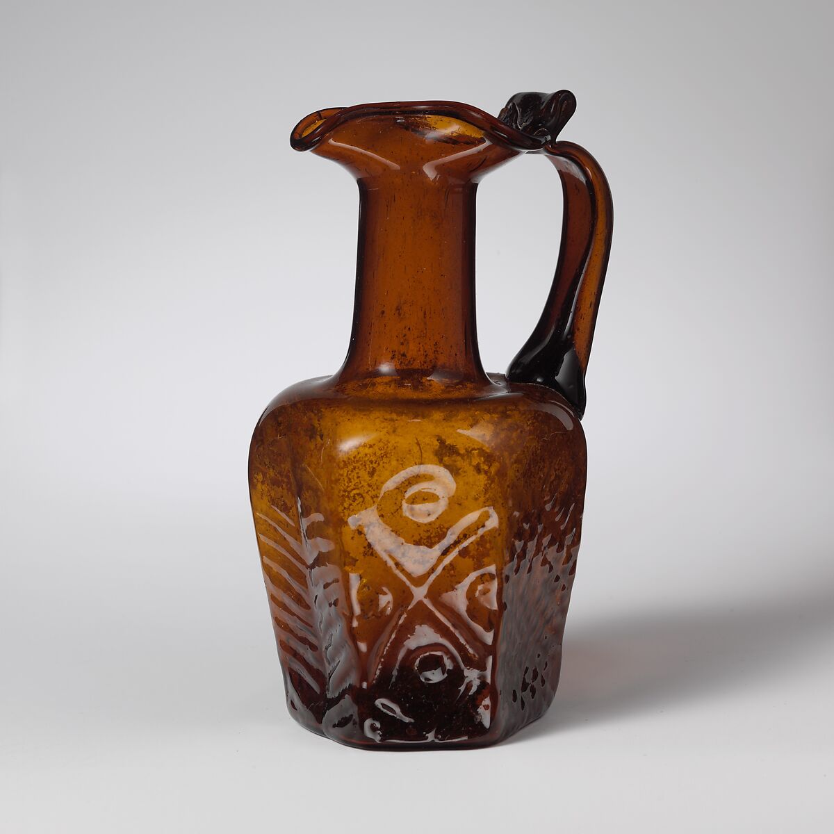 Glass hexagonal jug, Glass, Roman, Palestinian 
