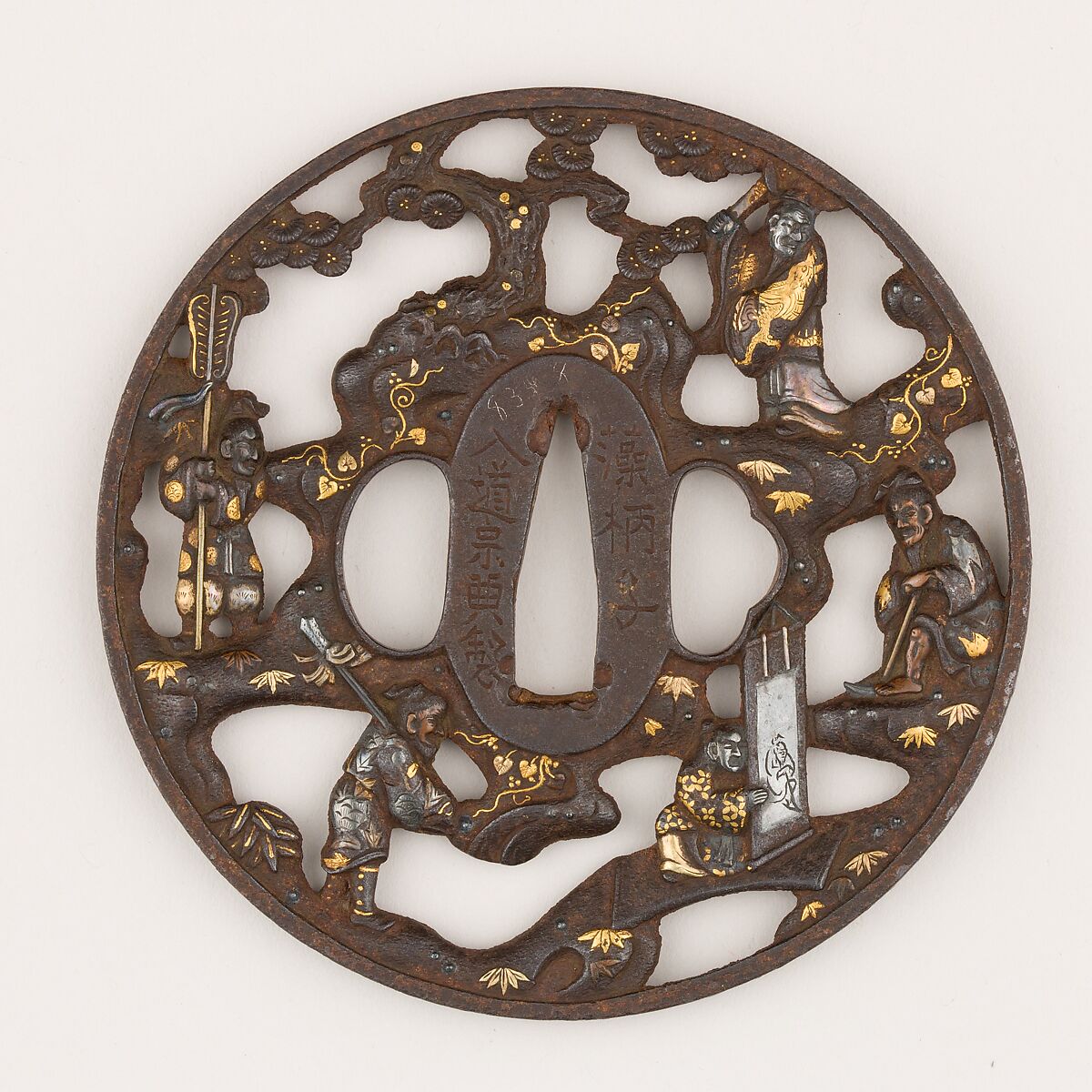 Sword Guard (<i>Tsuba</i>) With (probably) the Motif of The Seven Sages in the Bamboo Groove (竹林七賢か透鐔), Iron, gold, copper, copper-gold alloy (shakudō), Japanese 