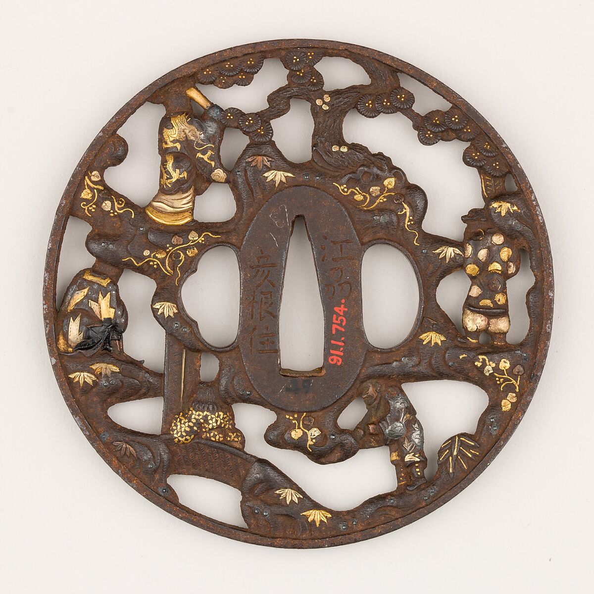 Sword Guard (<i>Tsuba</i>) With (probably) the Motif of The Seven Sages in the Bamboo Groove (竹林七賢か透鐔), Iron, gold, copper, copper-gold alloy (shakudō), Japanese