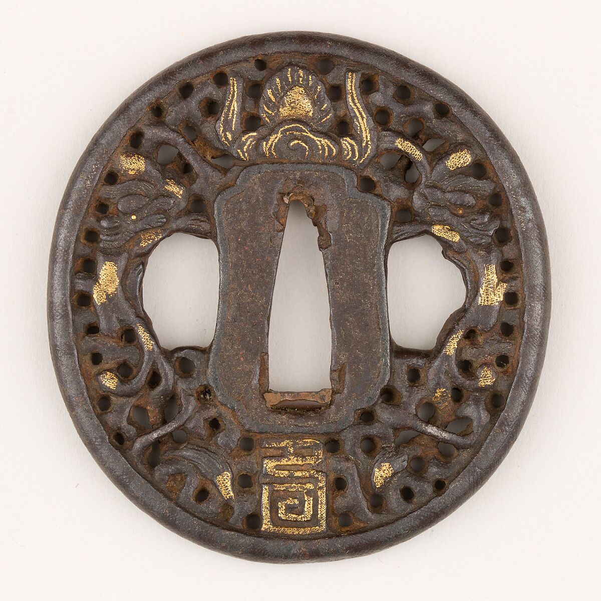 Sword Guard (<i>Tsuba</i>) Depicting Two Dragons Chasing a Gem (玉追い双龍図南蛮鐔), Iron, gold, copper, Japanese 