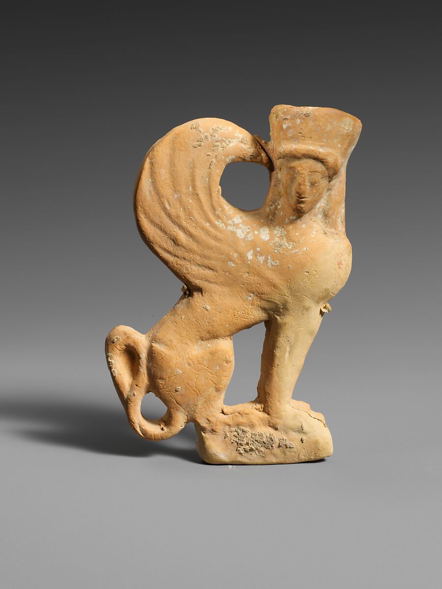 Terracotta plaque of a sphinx, Terracotta, Greek, Corinthian 