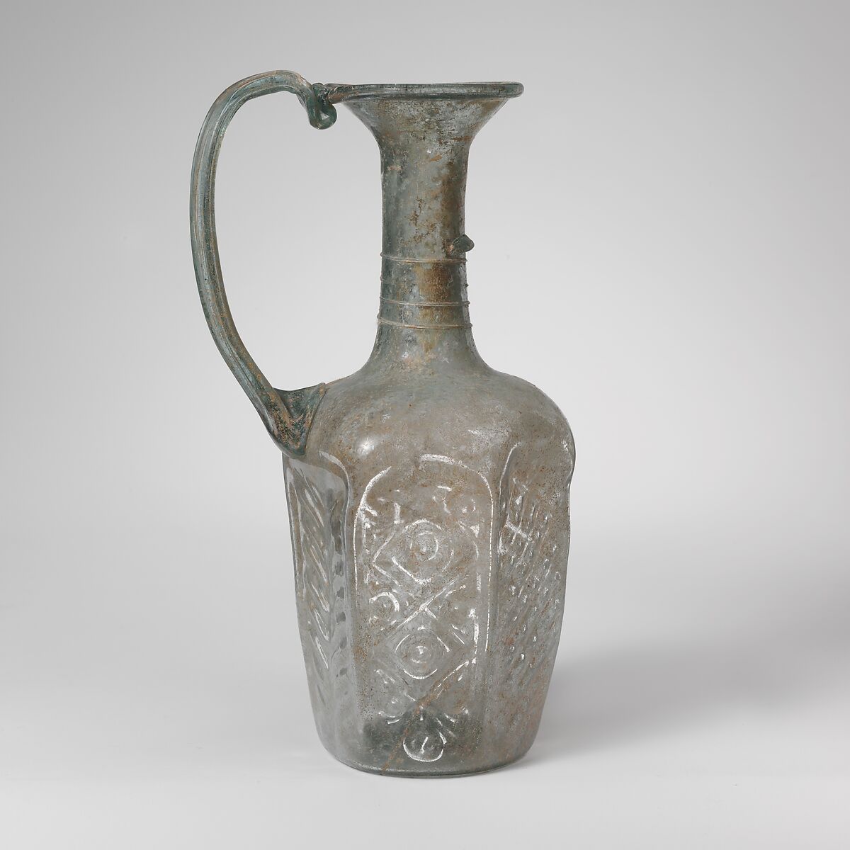 Glass hexagonal jug, Glass, Roman, Syrian 