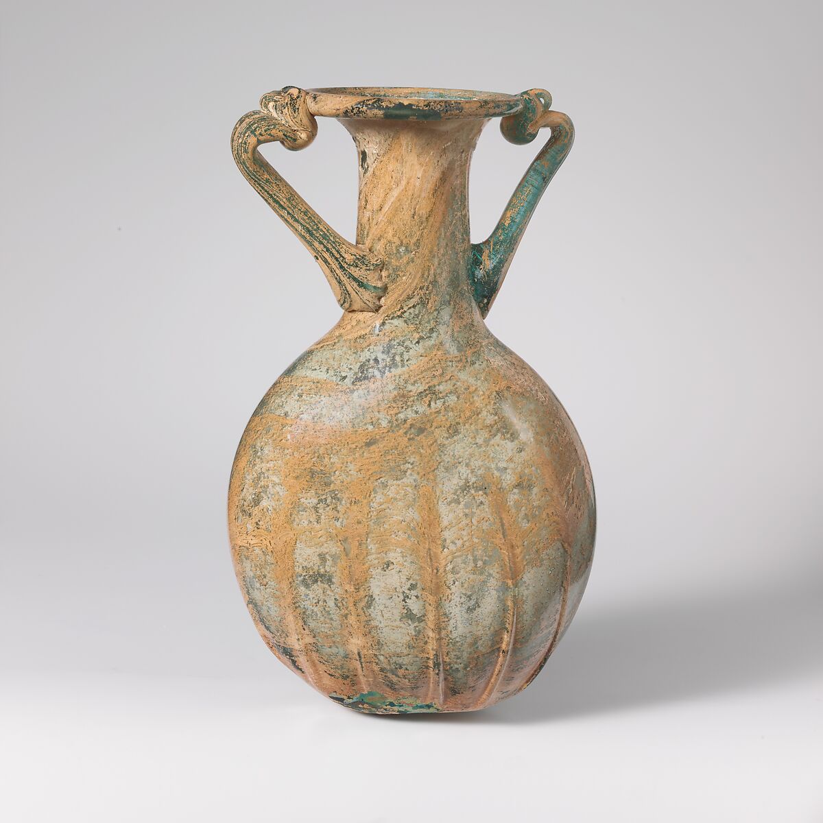 Glass lentoid bottle with two handles, Glass, Roman, Syrian 