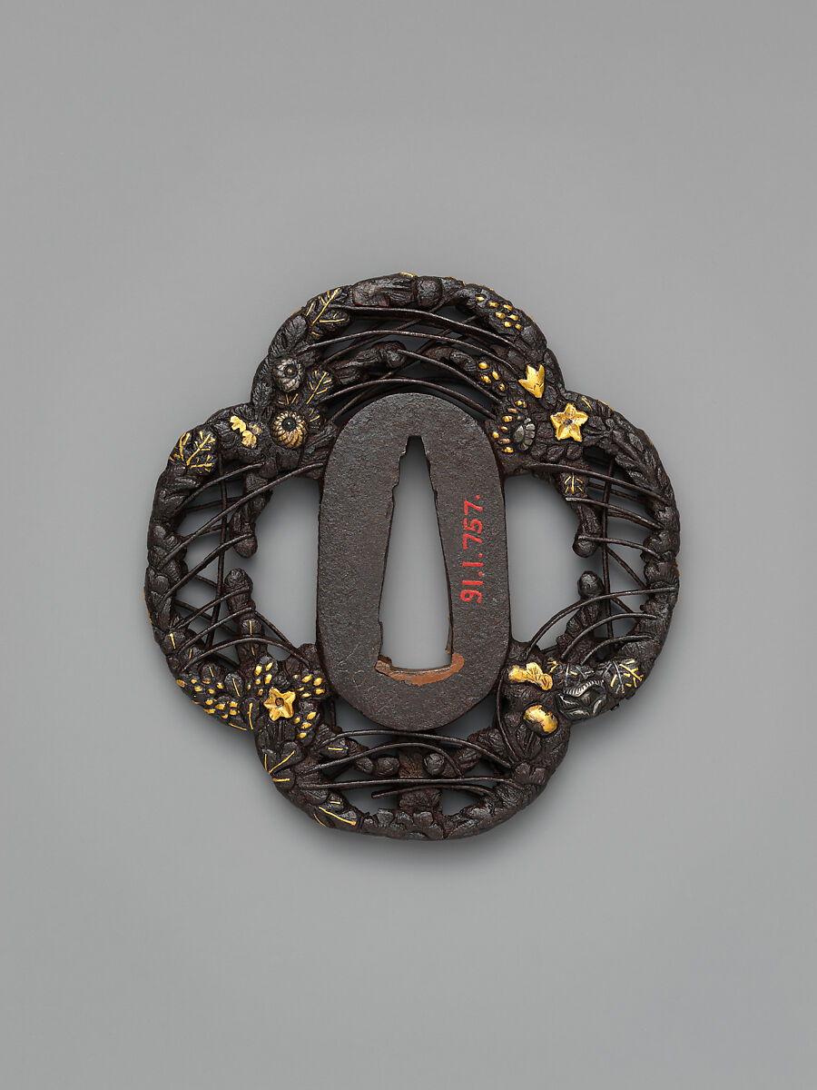Sword Guard (<i>Tsuba</i>) With the Motif of Autumnal Vegetation (秋草透鐔), Mitsunobu (Japanese, Mino province, active 17th century), Iron, gold, copper, silver-copper alloy (<i>shibuichi</i>), Japanese