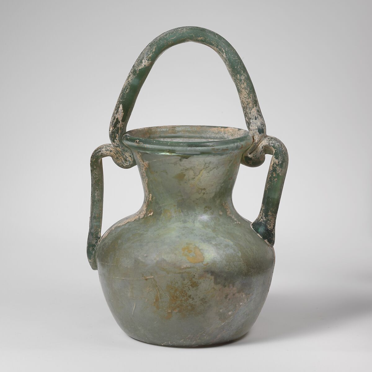 Glass jar with basket handle, Glass, Roman, Syrian 