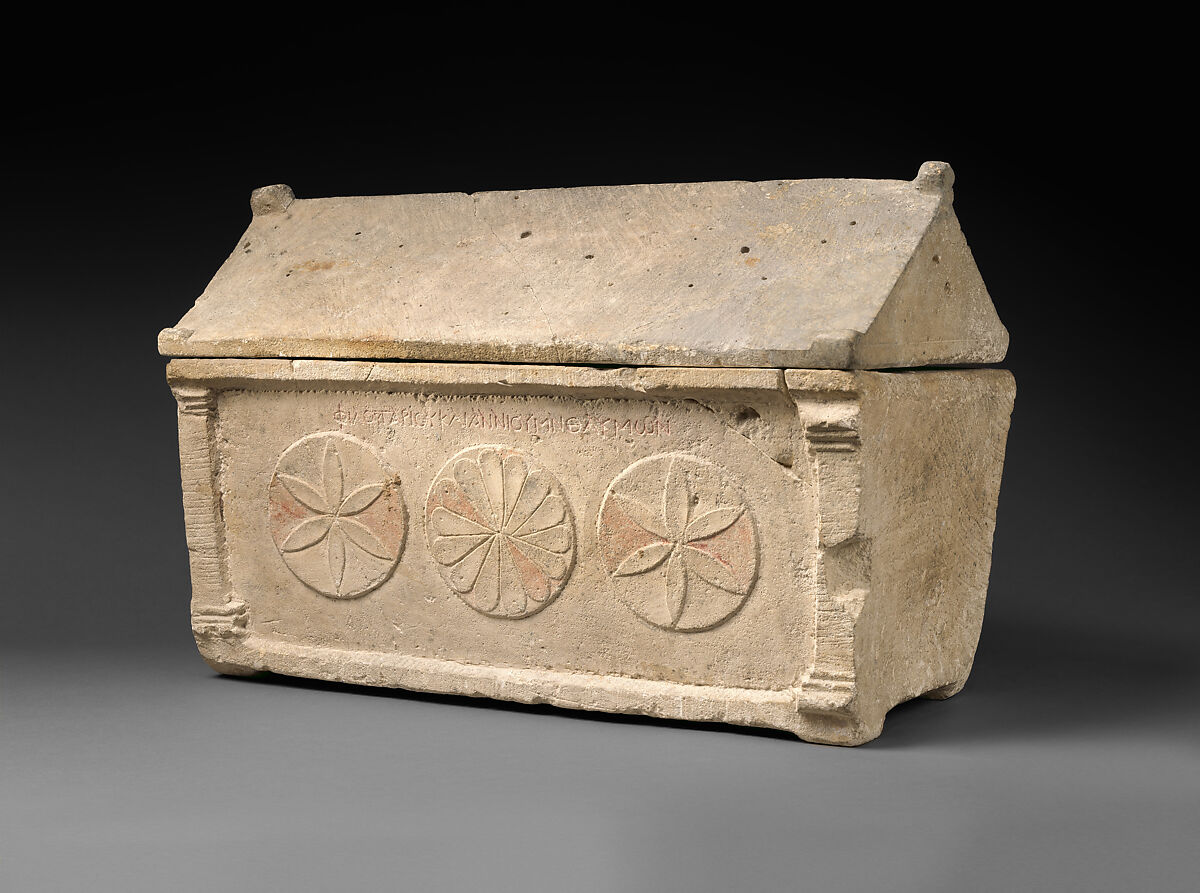 Limestone ossuary with lid, Limestone, paint, Roman
