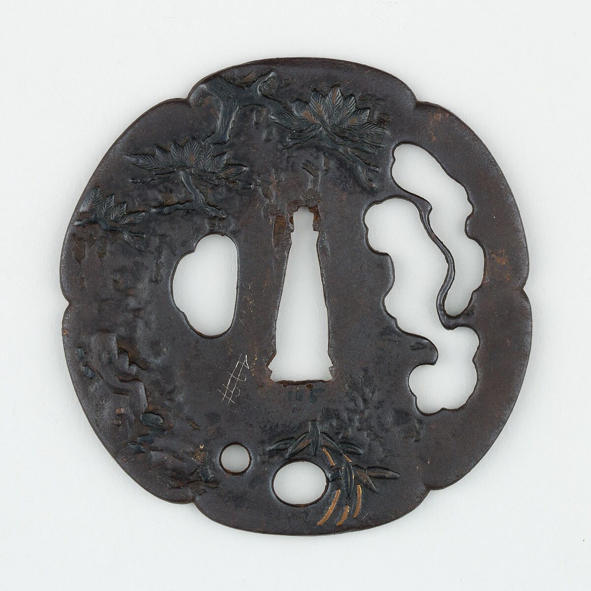 Sword Guard (<i>Tsuba</i>) With Pine Motif (松図鐔), Iron, copper, copper-gold alloy (shakudō), Japanese 
