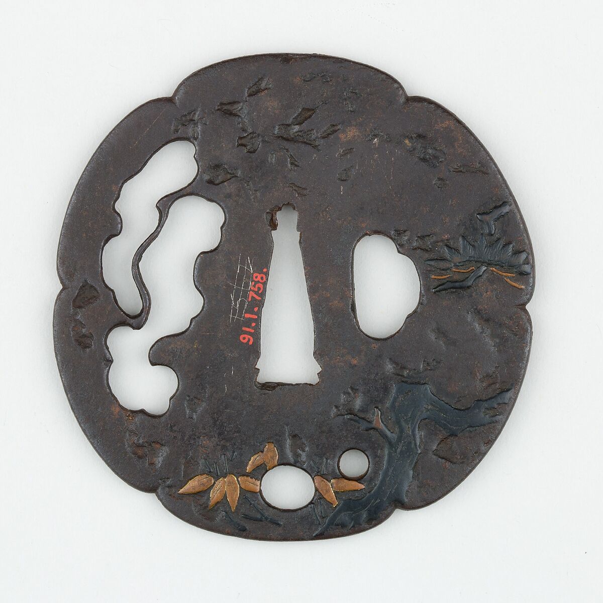 Sword Guard (<i>Tsuba</i>) With Pine Motif (松図鐔), Iron, copper, copper-gold alloy (shakudō), Japanese