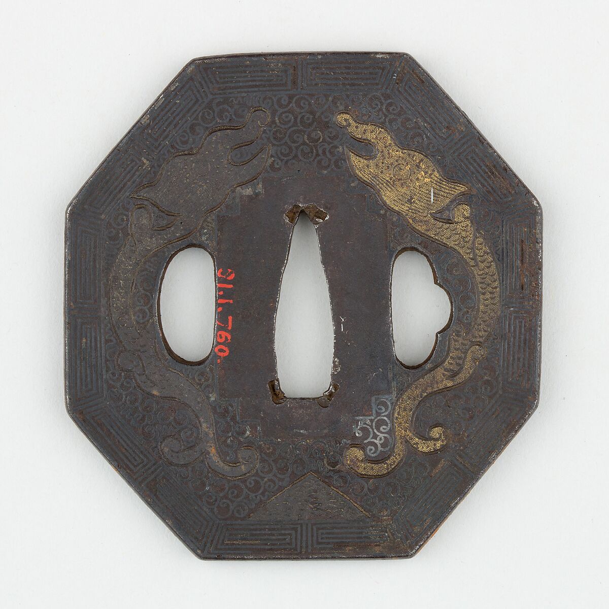 Sword Guard (<i>Tsuba</i>) With the Motif of Two Rain Dragons (双雨龍図南蛮鐔), Iron, copper, silver, silver-copper alloy (shibuichi), Japanese 