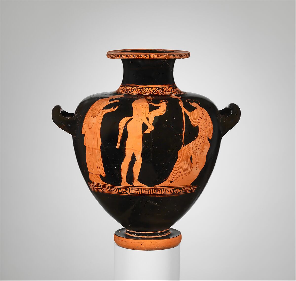 Terracotta hydria: kalpis (water jar), Attributed to the Villa Giulia Painter, Terracotta, Greek, Attic